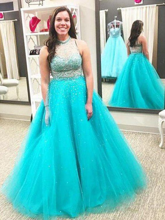 Ball Gown High Neck Sleeveless Beading Floor-Length Tulle Plus Size Dresses - Plus Size Prom Dresses CD15338