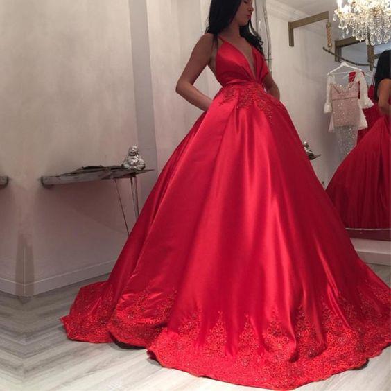 Princess Prom Dresses Deep V-neck Long Satin Ball Gowns Wedding Dresses Lace Appliques CD15618