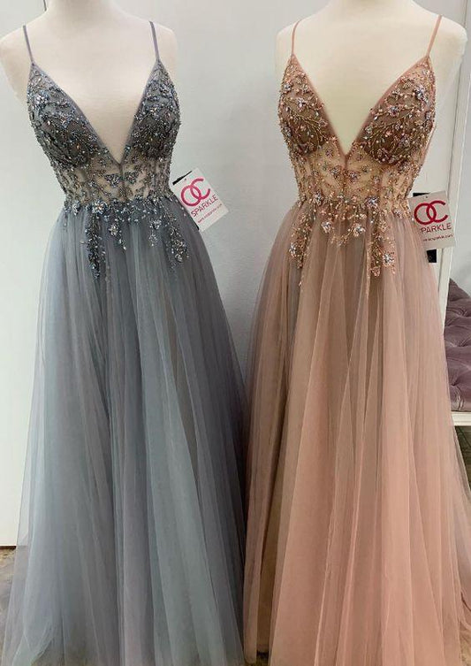 Sexy Straps V Neck Grey Long Evening Dresses, Champagne Prom Dresses Evening Dresses CD1563