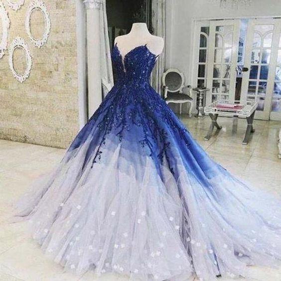 A-line Ombre Prom Dress With Applique Royal Blue Prom Dresses Long Evening Dress CD1566