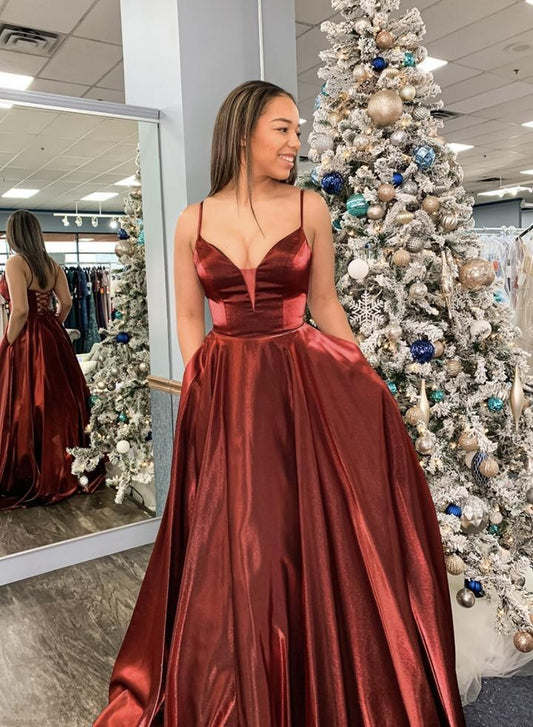 Burgundy satin long prom dress simple evening dress CD15674