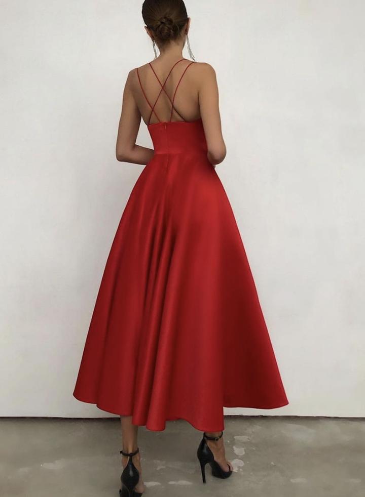 Red satin short A line prom dress red evening dress CD15675