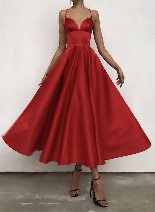 Red satin short A line prom dress red evening dress CD15675