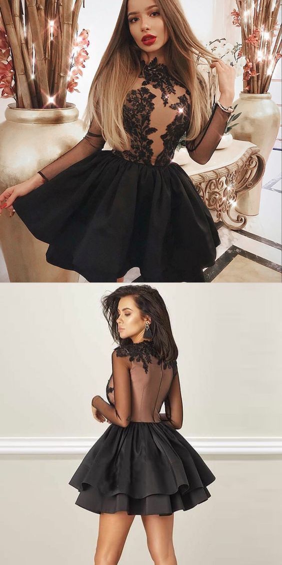 A-line Black Satin Appliques Long Sleeve Short Homecoming Dress CD157