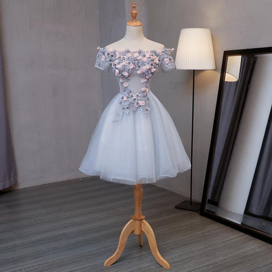 Light Grey Tulle Short Prom Dress With Flowers, Grey Homecoming Dress Graduation Dress CD15747