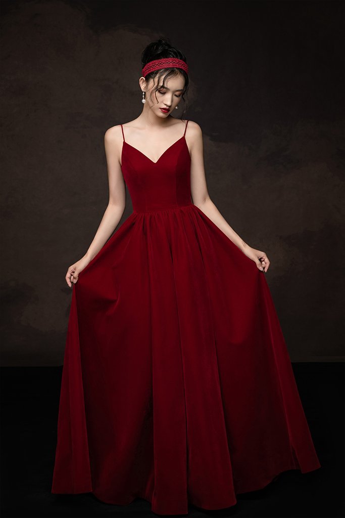 SIMPLE V NECK BURGUNDY LONG PROM DRESS BURGUNDY BRIDESMAID DRESS CD15886