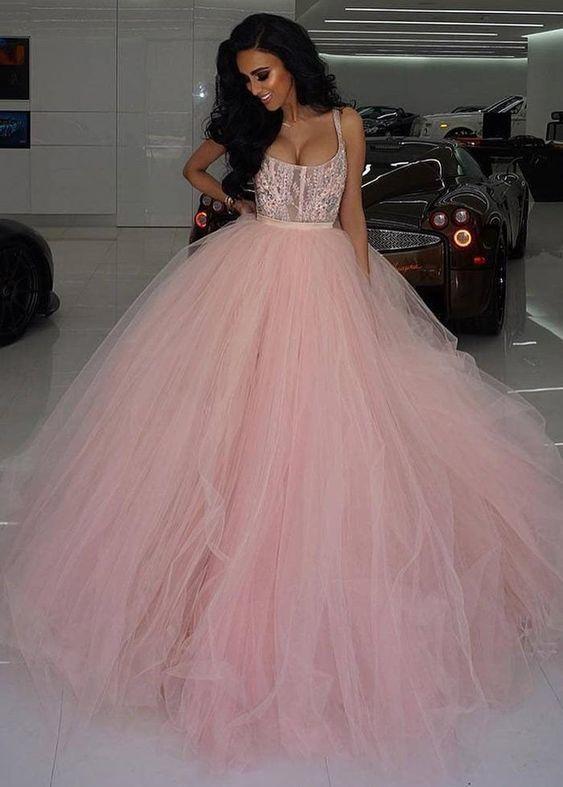 Pink Prom Dresses Charming Tulle Scoop Neckline Ball Gown Wedding Dresses With Lace Appliques & Rhinestones & Belt CD15900