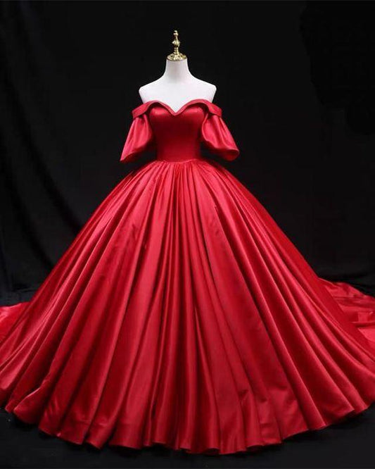 Ball Gown Wedding Dresses Satin Ruffles Sleeves Prom Dresses CD16046