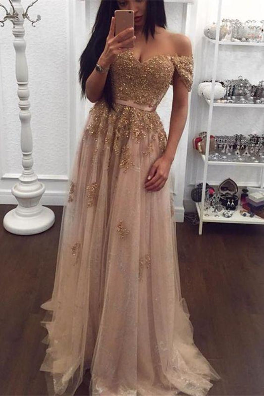 Elegant Tulle Long Champagne Prom Dresses CD16048