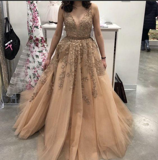 Elegant Tulle Long Champagne Prom Dresses CD16049