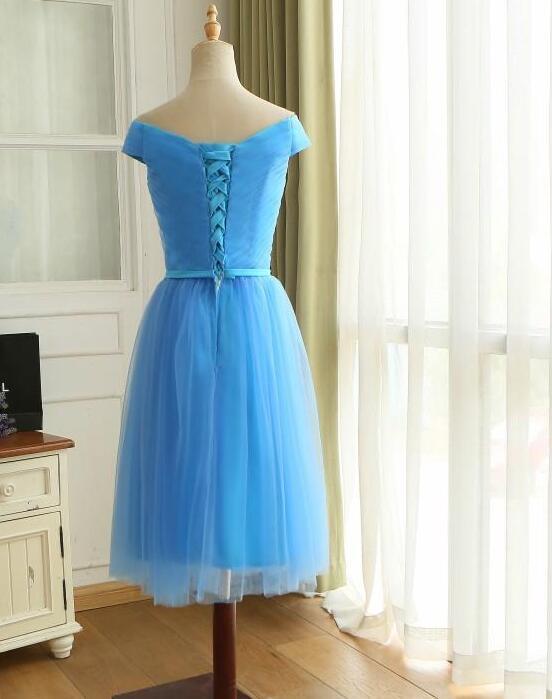 Short Homecoming Dresses Blue Off Shoulder Tulle Short Blue Bridesmaid Dress Party Dress CD16076