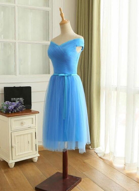 Short Homecoming Dresses Blue Off Shoulder Tulle Short Blue Bridesmaid Dress Party Dress CD16076