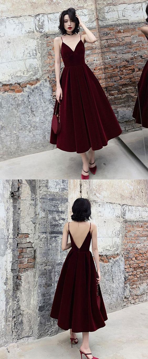 Simple burgundy tea Length prom dress, burgundy bridesmaid dress CD1619