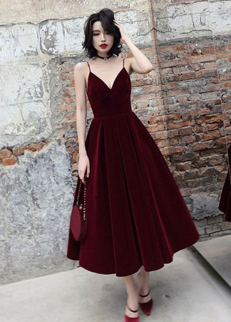 Simple burgundy tea Length prom dress, burgundy bridesmaid dress CD1619