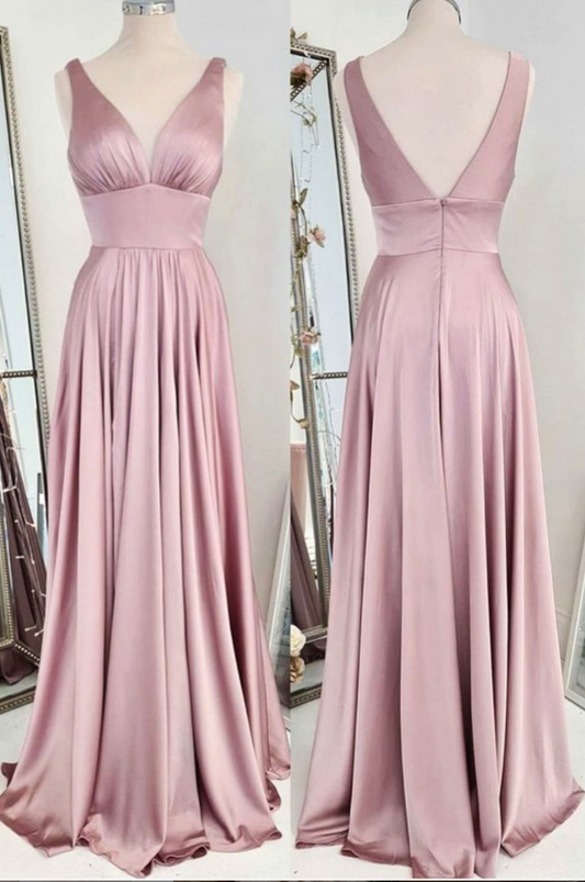 SIMPLE PINK SATIN LONG PROM DRESS PINK BRIDESMAID DRESS CD16207