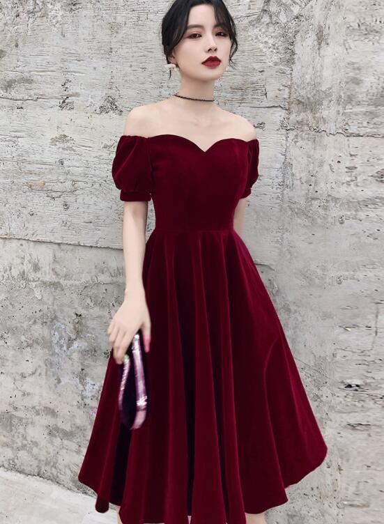 Wine Red Short Velvet Evening Dresses, Off Shoulder Prom Dresses Bridesmaid Dress CD16388