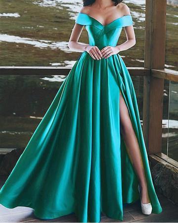 SATIN BRIDESMAID PROM DRESSES LEG SPLIT OFF SHOULDER CD16472