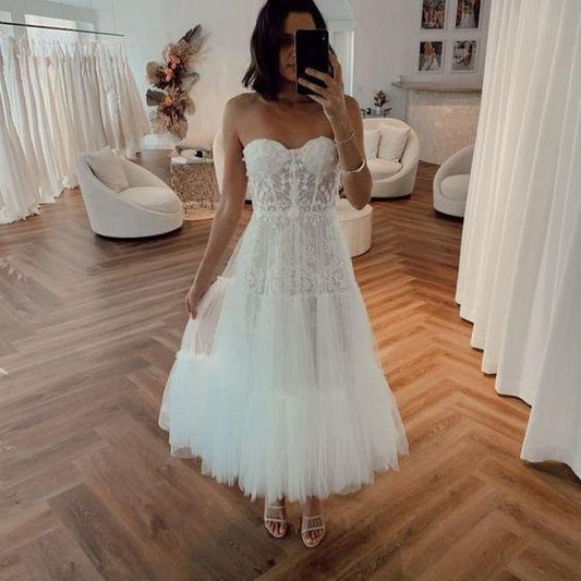 short wedding dresses 2024 lace applique sweetheart neck tea length simple cheap Prom Dress CD16629