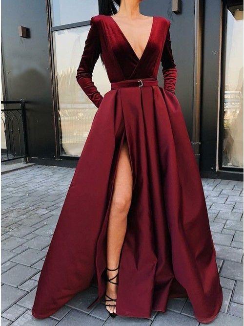 Sexy Slit Evening Dress V-Neck Burgundy Evening Gowns Party Dresses CD1698