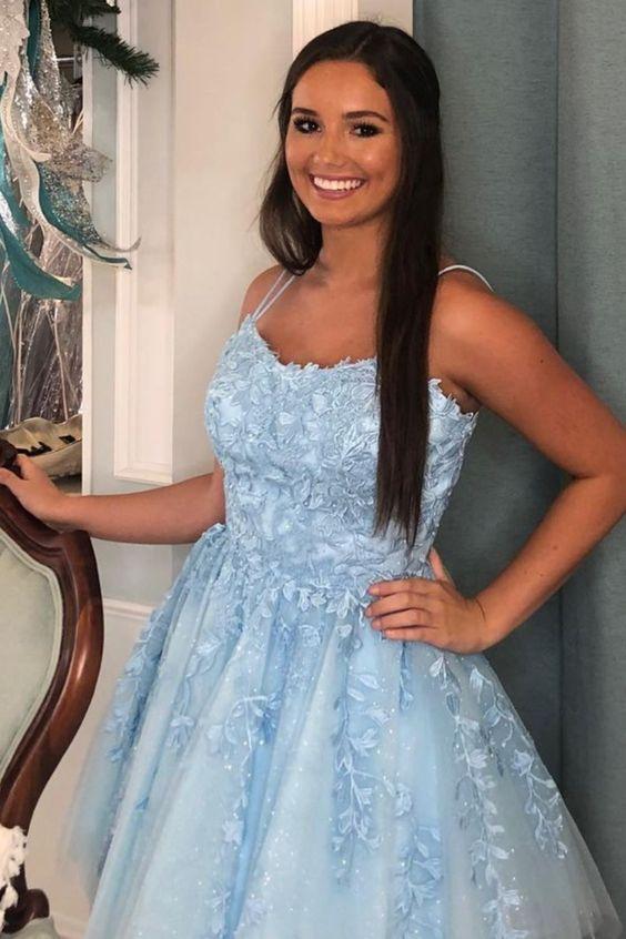 A-line blue lace appliqued short homecoming dress sweet 16 dress CD17049