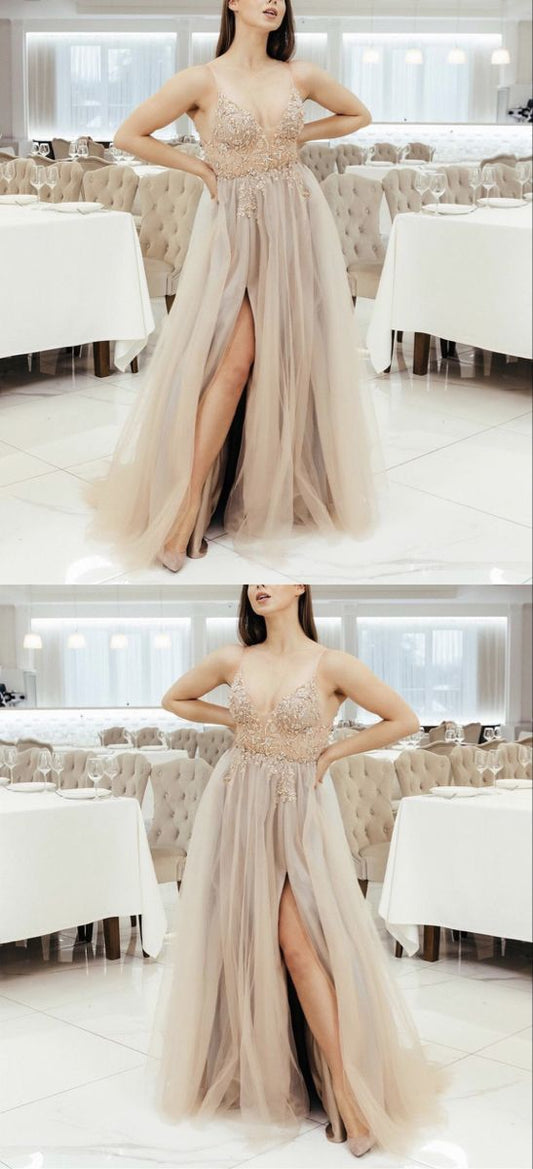 beaded v neck long champagne prom dresses tulle split for military ball CD17234