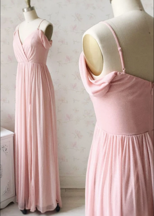 SIMPLE V NECK OFF SHOULDER PINK PROM DRESS, PINK BRIDESMAID DRESS CD17276