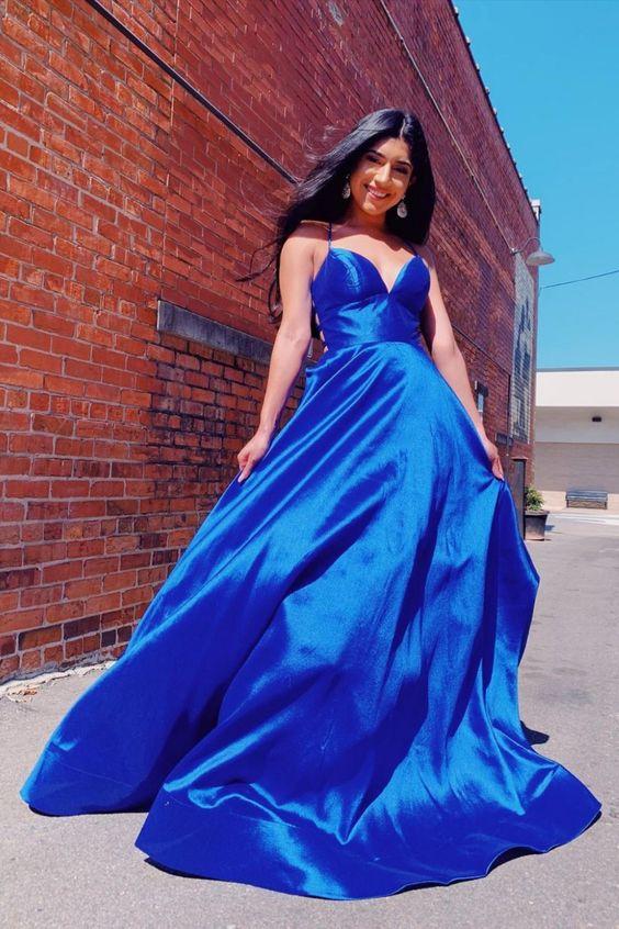 Royal Blue V-Neck Satin Long Prom Dress CD17582