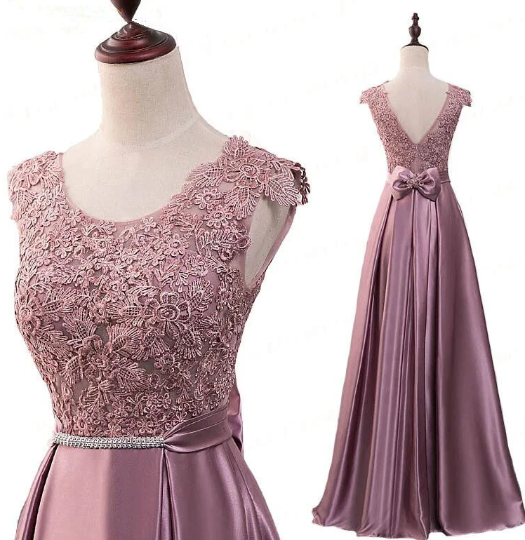 Pink Satin With Lace Applique Long Bridesmaid Dress, Pink A-Line Simple Prom Dress CD17770