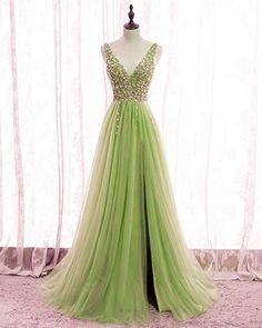 Sparkly Beaded tulle bridesmaid dresses sage green prom party dresses CD17890