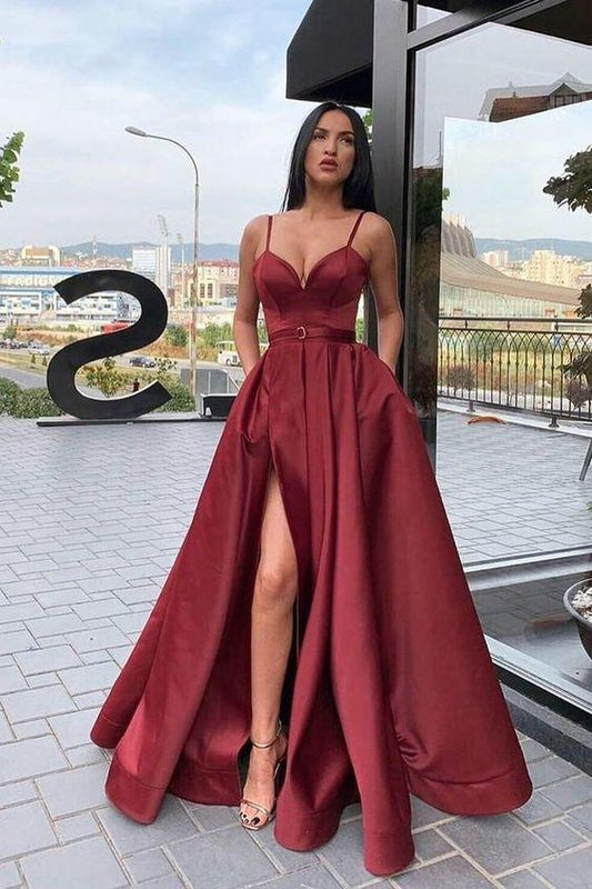 Straps A-Line Maroon Long Prom Dress with Slit CD18007