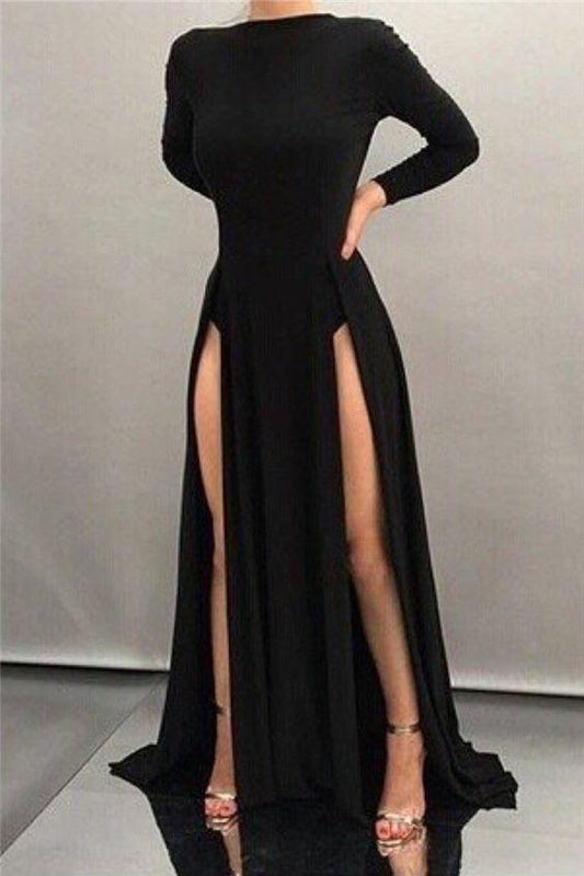 Prom Dresses, Black Sheath High-neck Front-splits Sleeves Long Sexy Evening Dresses CD18015