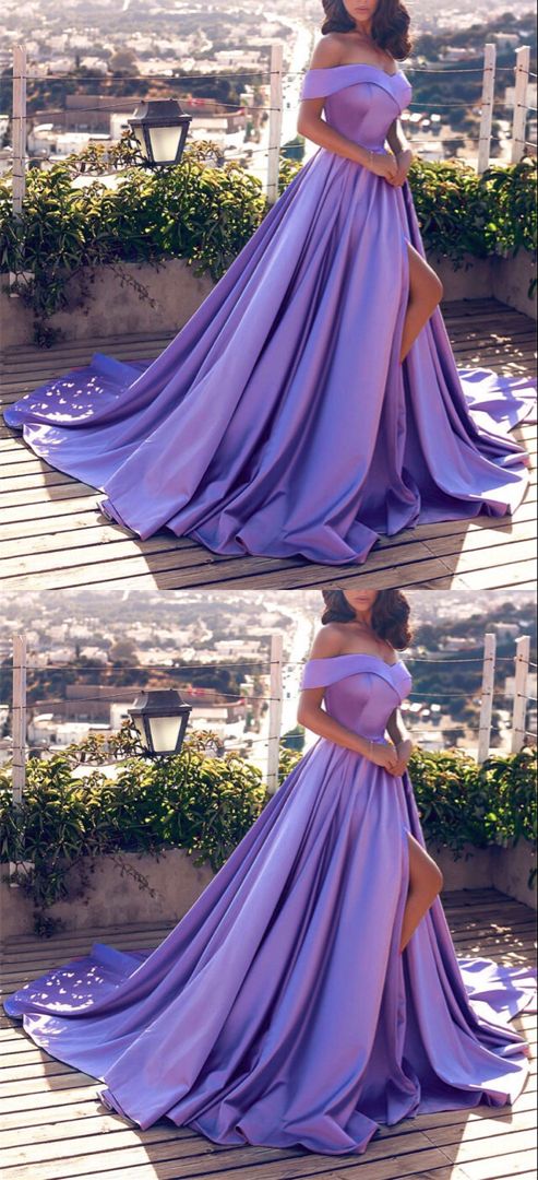 Simple lavender satin prom dresses off the shoulder evening gown with side split CD18111