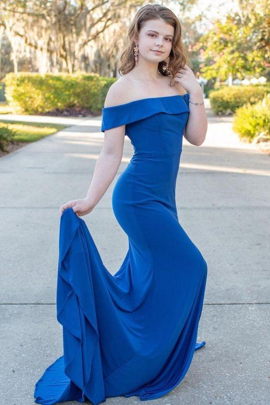 off the shoulder mermaid royal blue long formal dress prom dress CD18184