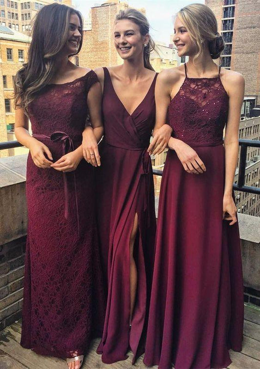 Wine Red Lace Halter Bridesmaid Dress Long Burgundy V Neck Cheap Wedding Party prom Gowns CD18217