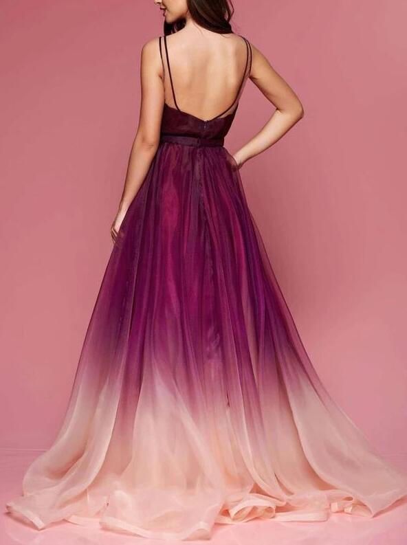 Burgundy Ombre Prom Dress, V neck Backless Organza Colored Prom Dresses CD18218