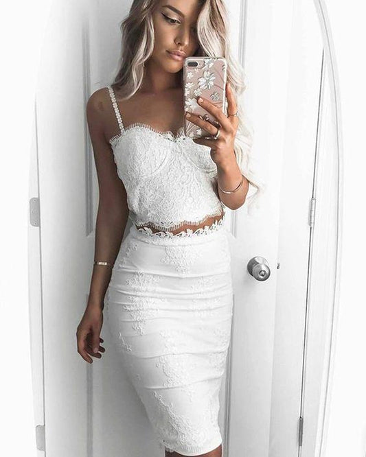 Two Piece Square Lace Bodice Knee Length White Graduation Dress Prom Dress, Formal Gown CD18241