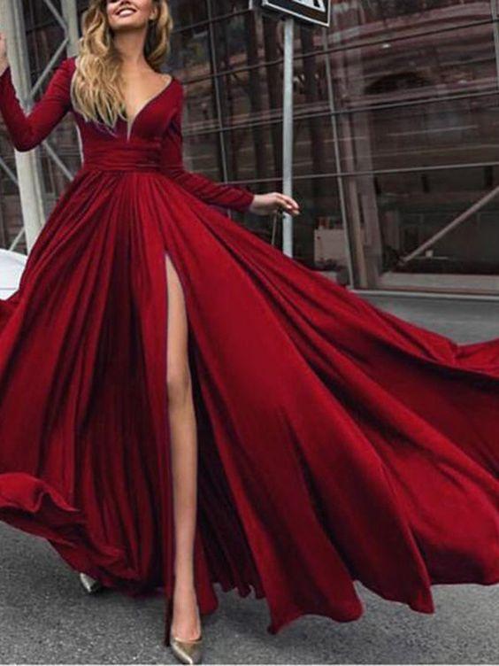 Split-Front Long Sleeves V-Neck Prom Dress CD18512