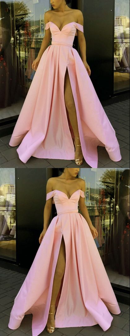 Sexy long pink satin off the shoulder prom dresses side split evening gown CD18551