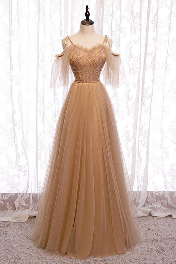 off the shoulder champagne tulle long bridesmaid dresses long prom dress formal dress CD18667