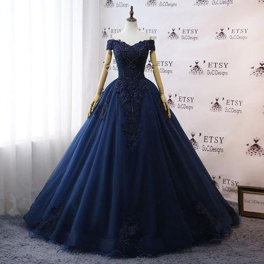 Prom Dresses Navy Blue Wedding Dresses Floral Lace Ball Gown off shoulder Evening Dress CD18735