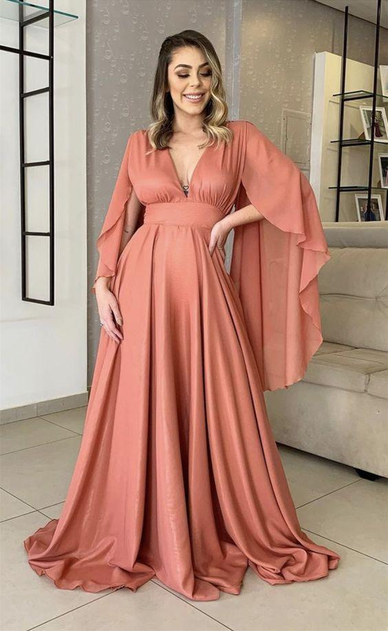 Elegant Puffy Sleeves Bridesmaid Dresses Long Chiffon V Neck Formal Gown With Popular Terracotta Colors Prom Dresses CD18877