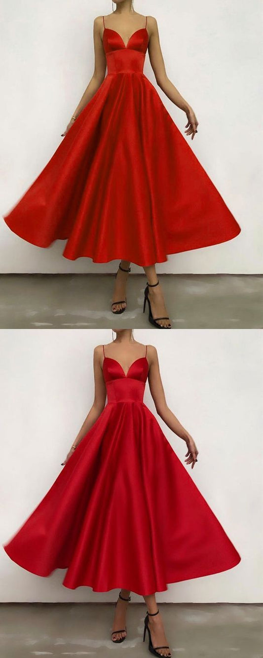 Cute A-line Plunge Neck Satin Ball Gown Party Dresses For Semi Formal Occasions prom dress CD19025