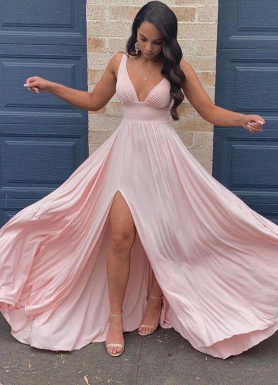 sexy pink high waist long maxi prom dress boho bridesmaid dress with side slit CD19034