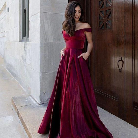 Burgundy A-Line Long Prom Dress, Off the Shoulder Prom Dress CD19090