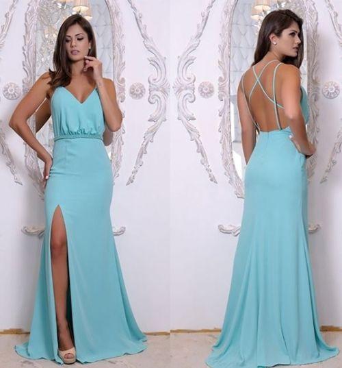 Ice Blue V Neck Formal Evening Gown Open Back Long Party prom Dress Side Slit CD19154