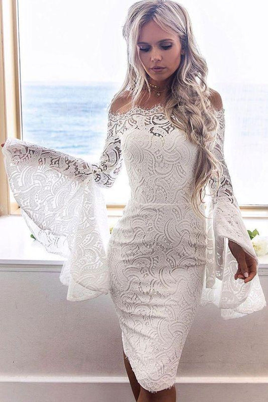 Prom Dress Women Off Shoulder Hollow Lace Overlay Flare Sleeve Sexy Bodycon Party Dress CD19353