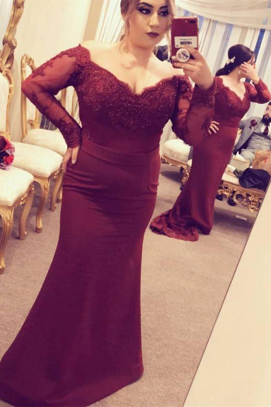 mermaid burgundy long bridesmaid dresses with long sleeves prom dress CD19459