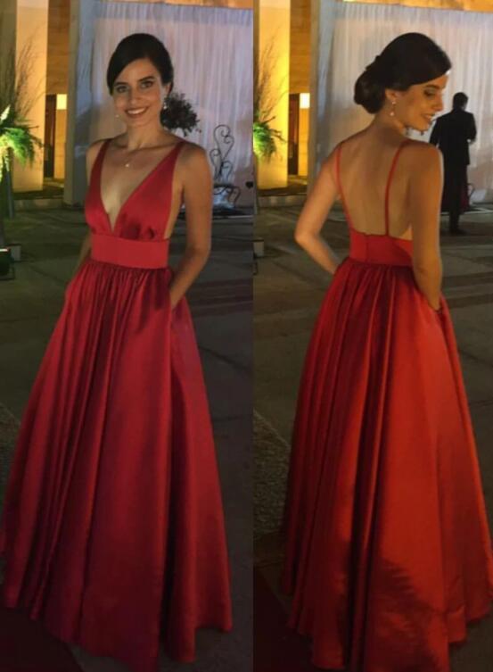 Dark Red Satin V Neck Backless Long Prom Dresses, Sexy Low Back Wedding Party Dress Evening Dress CD19615