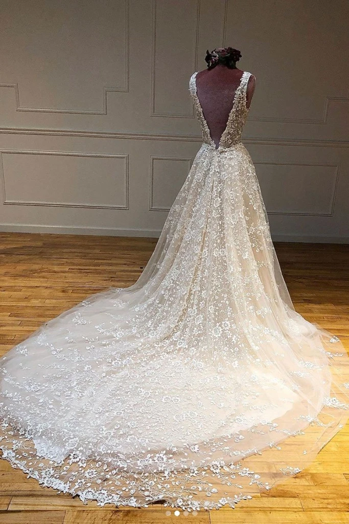 Deep V Neck and V Back Champagne Lace Long Wedding Dresses, Champagne Lace Prom Formal Evening Dresses CD19655