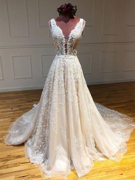 Deep V Neck and V Back Champagne Lace Long Wedding Dresses, Champagne Lace Prom Formal Evening Dresses CD19655